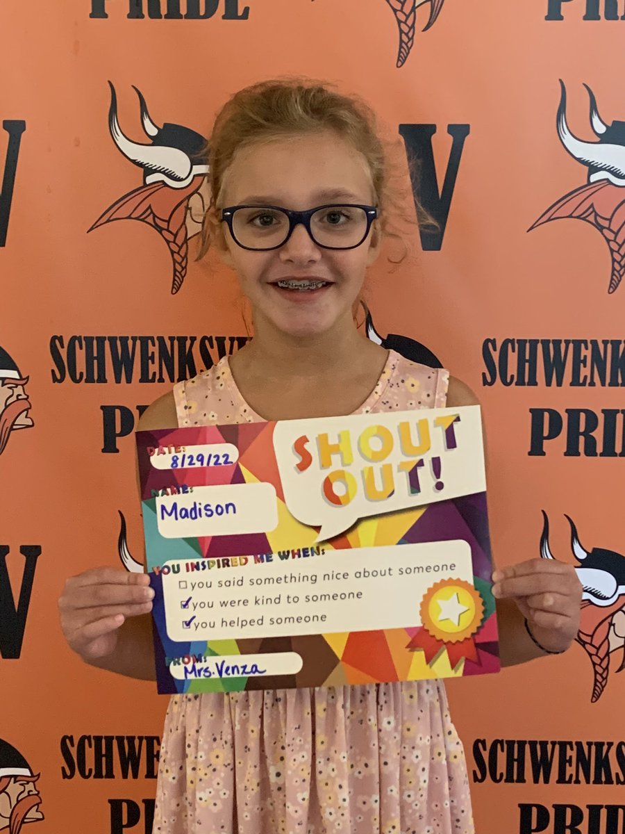 SchwenksvilleES's tweet photo. Day 1 #KindKidOfTheDay is Madison! She was spotted being kind to her classmates while she waited in line for her turn on the play equipment. Thank you for being kind & for following #TheBell3 expectations, Madison!
#SWvillePride #positivecallhome
๐งก๐๐ค @PV_Schools https://t.co/GSbrleogEe