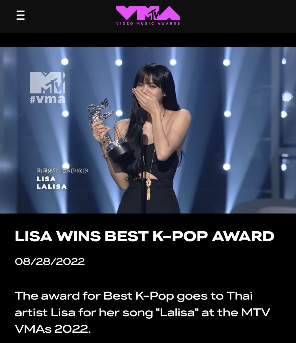 LaliceUpdates's tweet photo. One of the headline of @MTV’s website is “LISA WINS BEST K-POP AWARD” 

“The award for Best K-Pop goes to Thai artist Lisa for her song "Lalisa" at the MTV VMAs 2022.”

🔗 https://t.co/mL8ih2vYh6

#LISA #LALISA #MONEY https://t.co/dKXEw58FPt