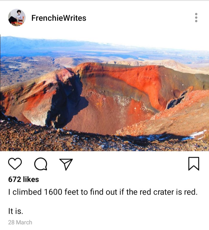 Instagram post depicting Tongariro crater