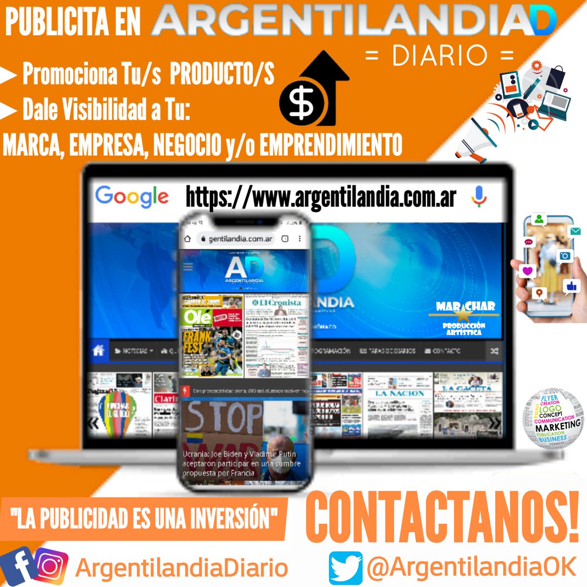 ArgentilandiaD's tweet photo. 📣📝PUBLICITA en #argentilandia #diario
✔ PROMOCIONA tu/s producto/s
✔ Dale VISIBILIDAD a tu #marca #empresa #negocio y/o #emprendimiento
✔ Obtene mayor RESULTADO en tus #ventas
✔ AUMENTA el alcance masivo a POTENCIALES #clientes
▶CONTACTANOS
#Facebook #instagram #Twitter https://t.co/YUweZ5XRP4