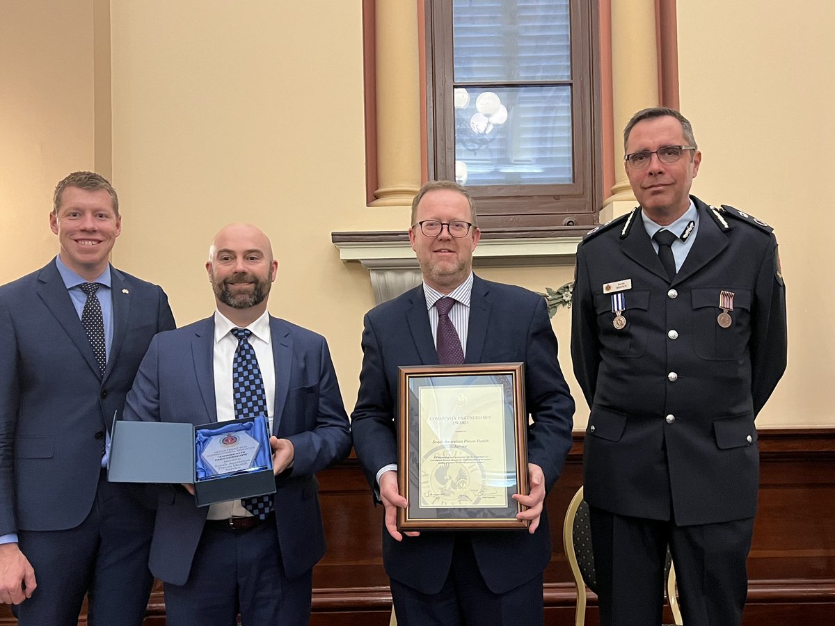 AndrewWiley99's tweet photo. It was a great honour to receive on behalf of SA Prison Health a Department for Correctional Services Community Partnership Award for the work the health team did with DCS around vaccinations and COVID, the award was presented by Minister Joe Szakacs and CE David Brown. https://t.co/ezqvsAgIYG