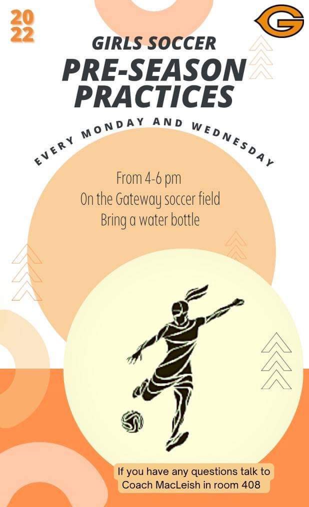 GatewayHSSoccer's tweet photo. Preseason practices start this week! See you on the field every Monday and Wednesday from 4-6. Don’t forget a water bottle. Contact Coach MacLeish with any questions 🧡⚽️🧡⚽️ https://t.co/2FuRCGqm6z