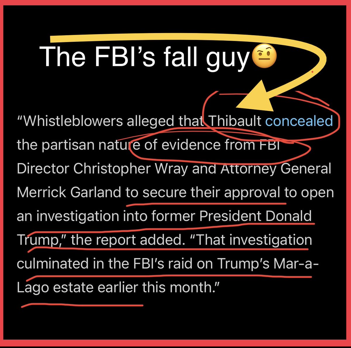 FBI Agent who was escorted out: Timothy Thibault

☑️ publicly posted anti-Trump tweets,

☑️ buried the #HunterBidensLaptop investigation,

☑️ was tasked with 'combatting election fraud'👌🏽

☑️ (mis)lead agent to start investigating Trump & the illegal #MarALagoFBIRaid