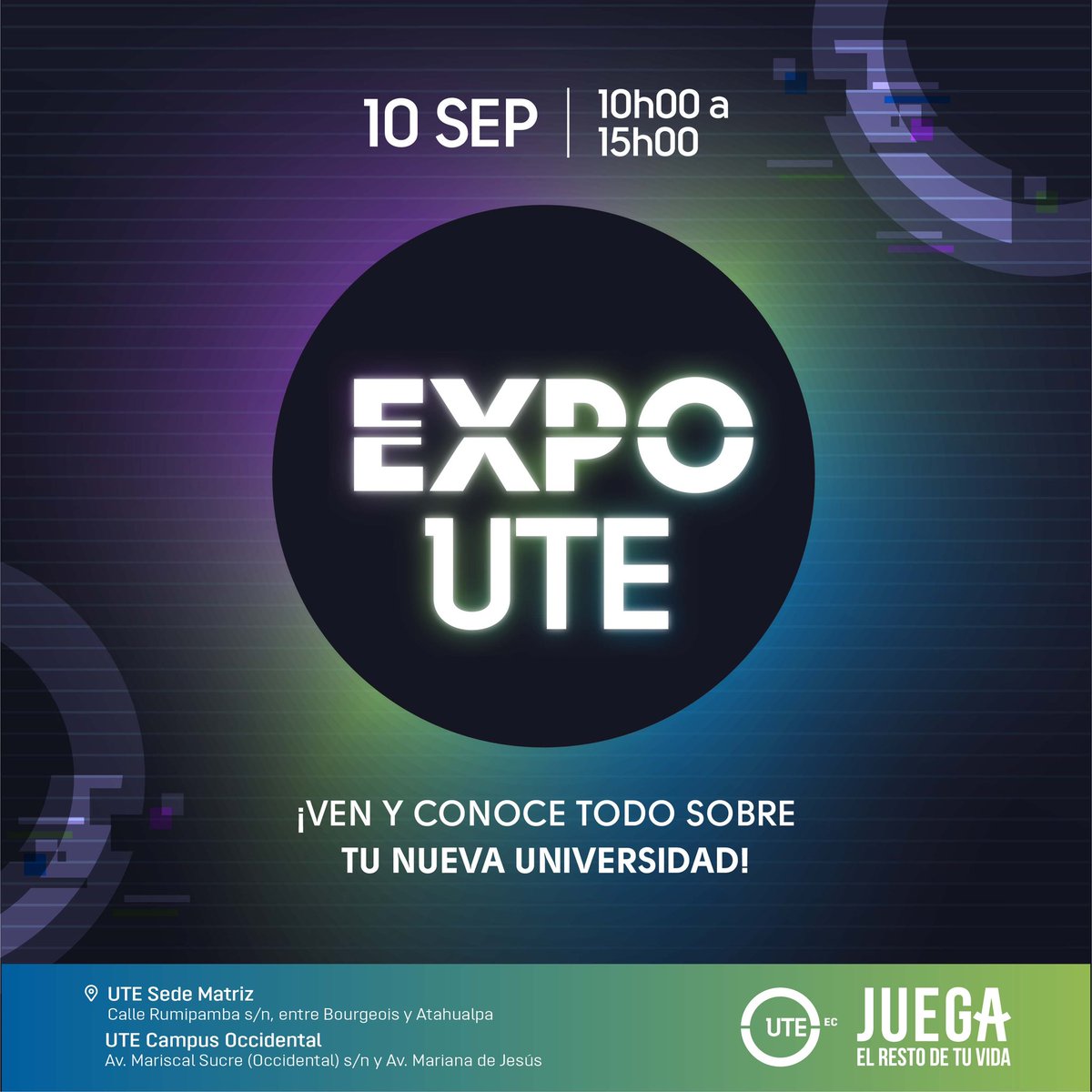 #ExpoUTE |  ¡Ven a Expo UTE 2022, conoce más sobre la carrera que te apasiona y juega el resto de tu vida!👨‍🏫
¡Te enseñamos cómo! 🙌
📆10 de septiembre de 2022
⏰10h00 a 15h00
Inscríbete aquí: bit.ly/3tkun9v 
Te esperamos en nuestros campus Matriz y Occidental.
#UTE