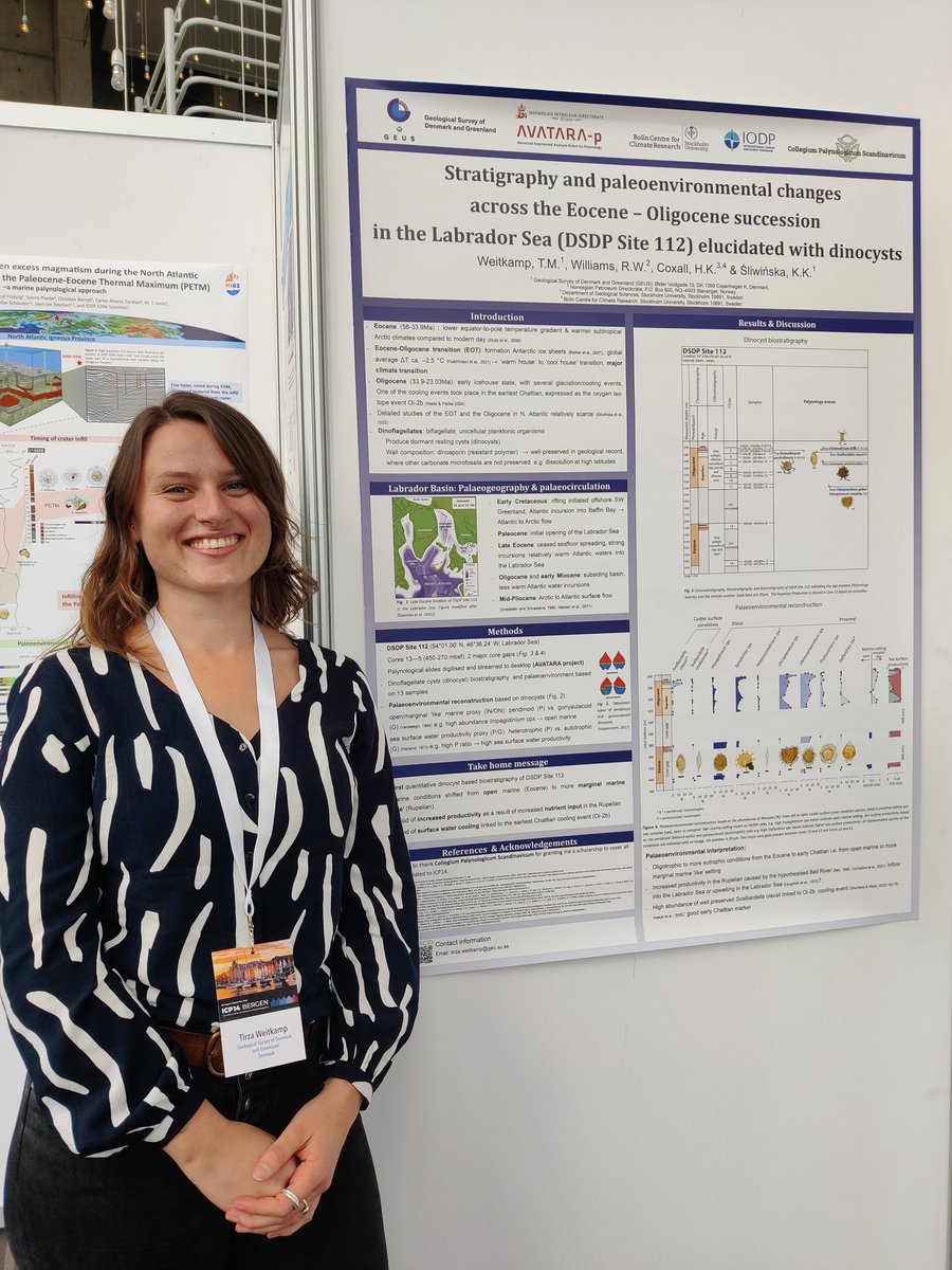I am super proud of @FunkyForam  who presented the results of her master project at the @ICP14Bergen today #EOT #dinocysts #LabradorSea #paleoclimate. Tirza did her project at GEUS @geus_paleoclim & won a scholarship from @CPS_GRANA to attend the meeting! #proudsupervisormoment