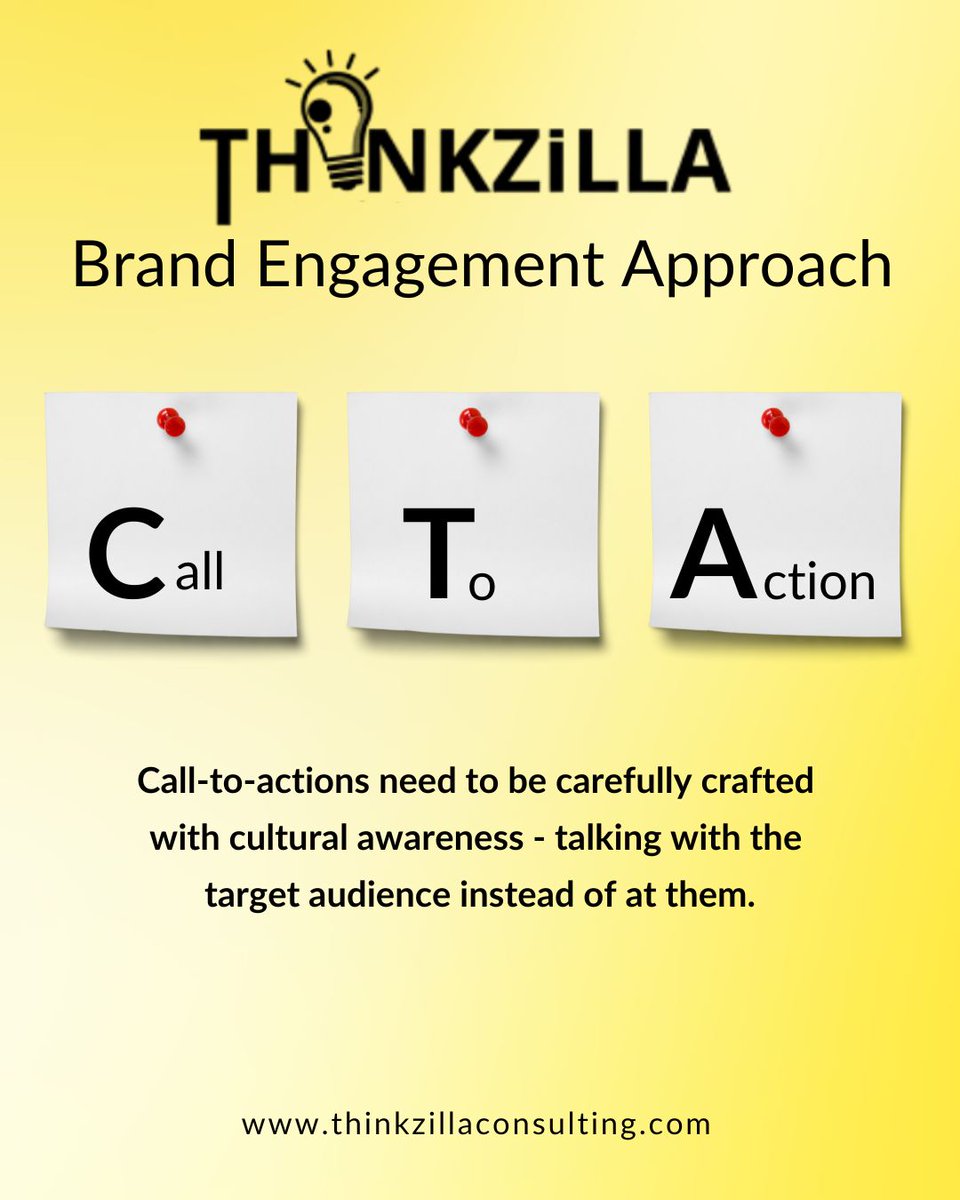 ThinkZILLA's tweet photo. Call to Actions are critical when trying to ignite conversions with your audience. Learn how to carefully craft a Call to Action with cultural awareness with us!
Learn more through the link in our bio.
#DEI #Diversity #equity #inclusion #SocialEquitySpecialists #calltoaction https://t.co/d2aclXFIEo