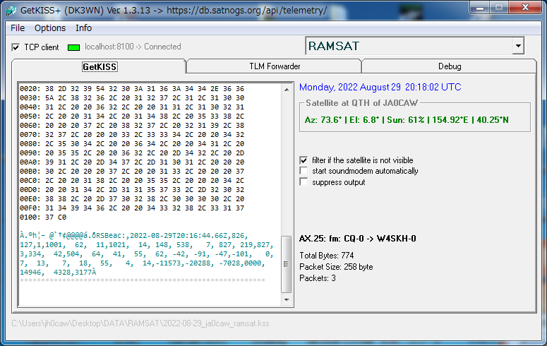 JA0CAW's tweet photo. Ramsat 9K6 Telemetry over Japan #ramsat #cubesats @SatNOGS https://t.co/Va67xg22PV