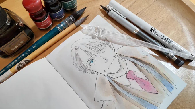 あなろぐおえかきコーチなおじヴィJACQUES HERBINの発色がよすぎるので、全体のトーンを整えるために後からシャーペンで影を描き足してみた 