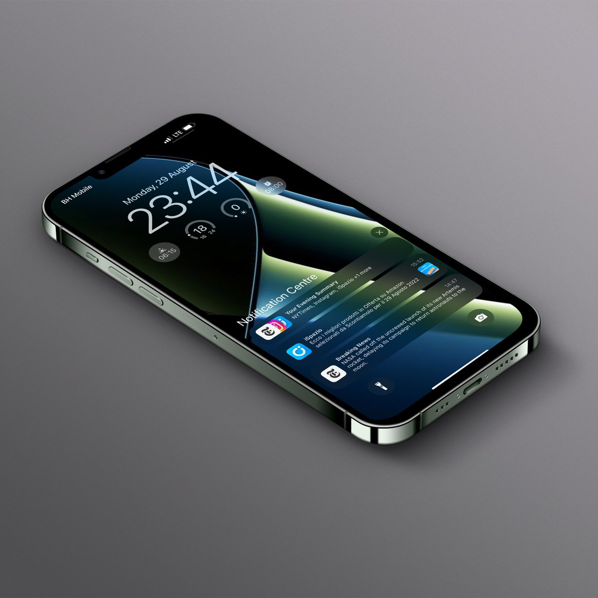 DesignByRoss's tweet image. With my Alpine green iPhone 13pm this wallpaper looks really awesome on my LS with widget! 💯😁

Mockup @screenshot_pro 
Wallpaper???

#iOS16Beta7
