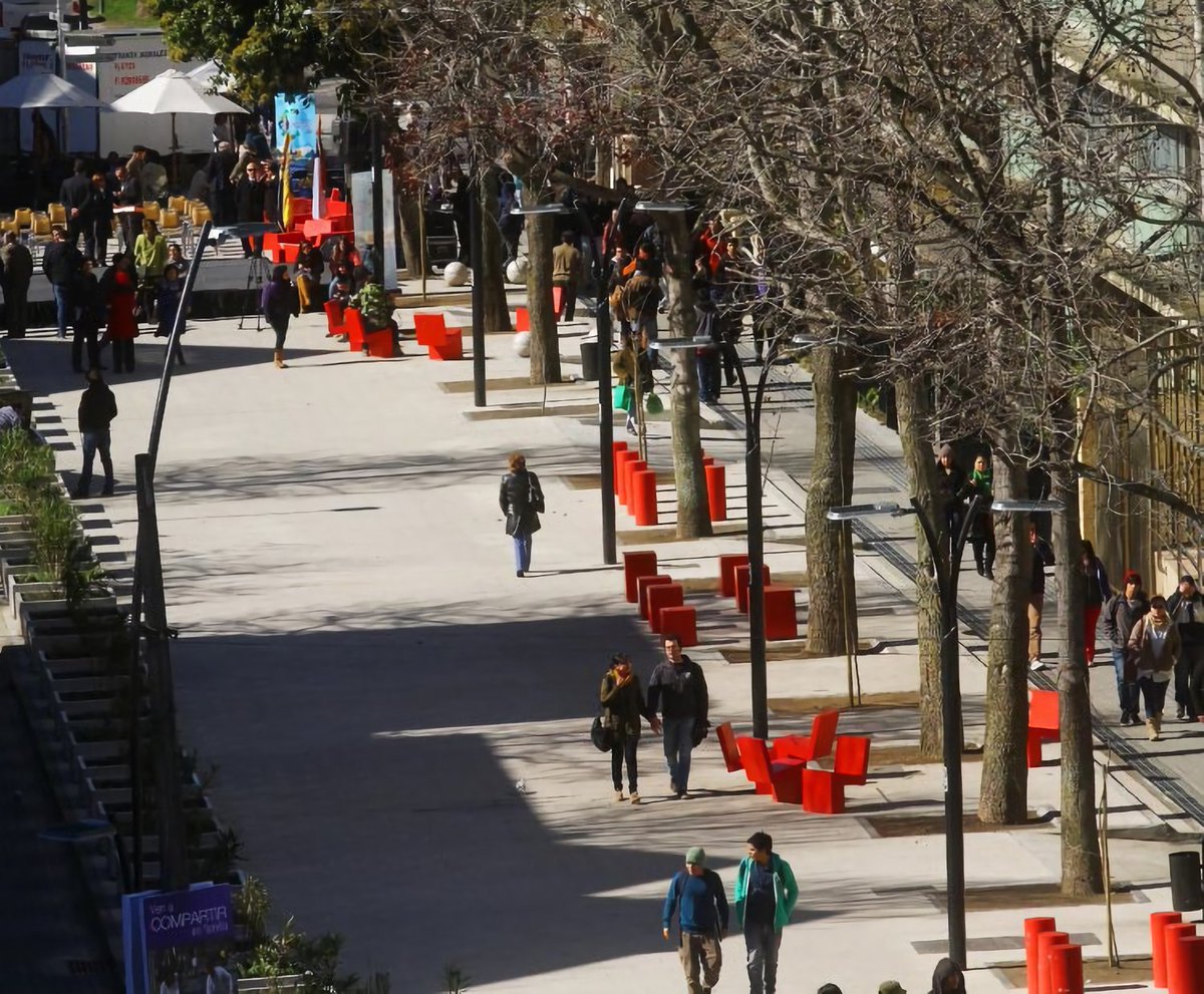 The secret to great cities is making every street a destination. In 2015, "La Diagonal" in Concepción, Chile dedicated more space for pedestrians and people on bikes. There's planters that protect the walkway and ample seating for people to relax and eat in the city center.