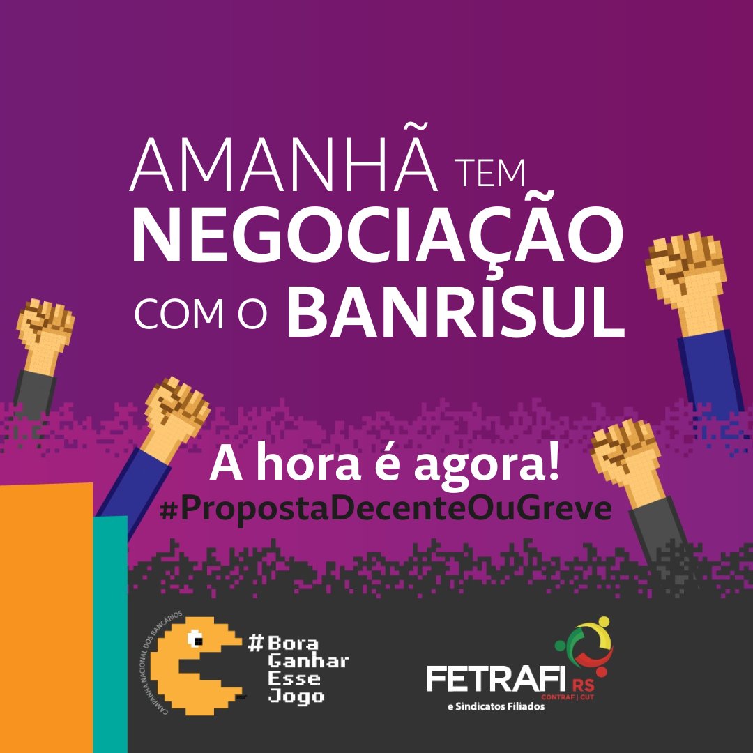 fetrafi_rs's tweet photo. ✊Banrisulenses, não podemos mais esperar! O Comando Nacional já rejeitou a proposta indecente da Fenaban e está na hora de cobrarmos também uma resposta do Banrisul! Fique atento(a) às nossas redes sociais para mais informações e venha conosco. #PropostaDecenteOuGreve https://t.co/BYzqXqITmA