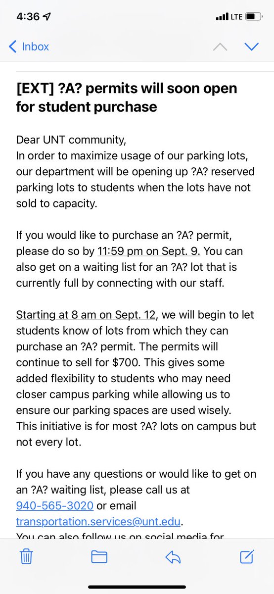 dr_leventhal's tweet photo. @UNTtransit what’s gonna happen when we inevitably oversell permits or people don’t park in their given lot and faculty/staff still can’t find parking?! I’m all for opening more parking because it’s needed it but I’m not ok with paying more money and still not being able to park. https://t.co/ikTuyTRZ7e