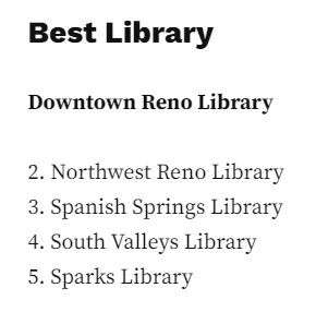 WashoeLibrary's tweet photo. Hey @RNRtwits readers! Thanks for voting the #DowntownRenoLibrary #BestLibrary! But that's not all ... check out who else the locals love!
#2 #NorthwestRenoLibrary
#3 #SpanishSpringsLibrary
#4 #SouthValleysLibrary
#5 #SparksLibrary
Thanks for your support of library services! https://t.co/MGeTBRE4u3