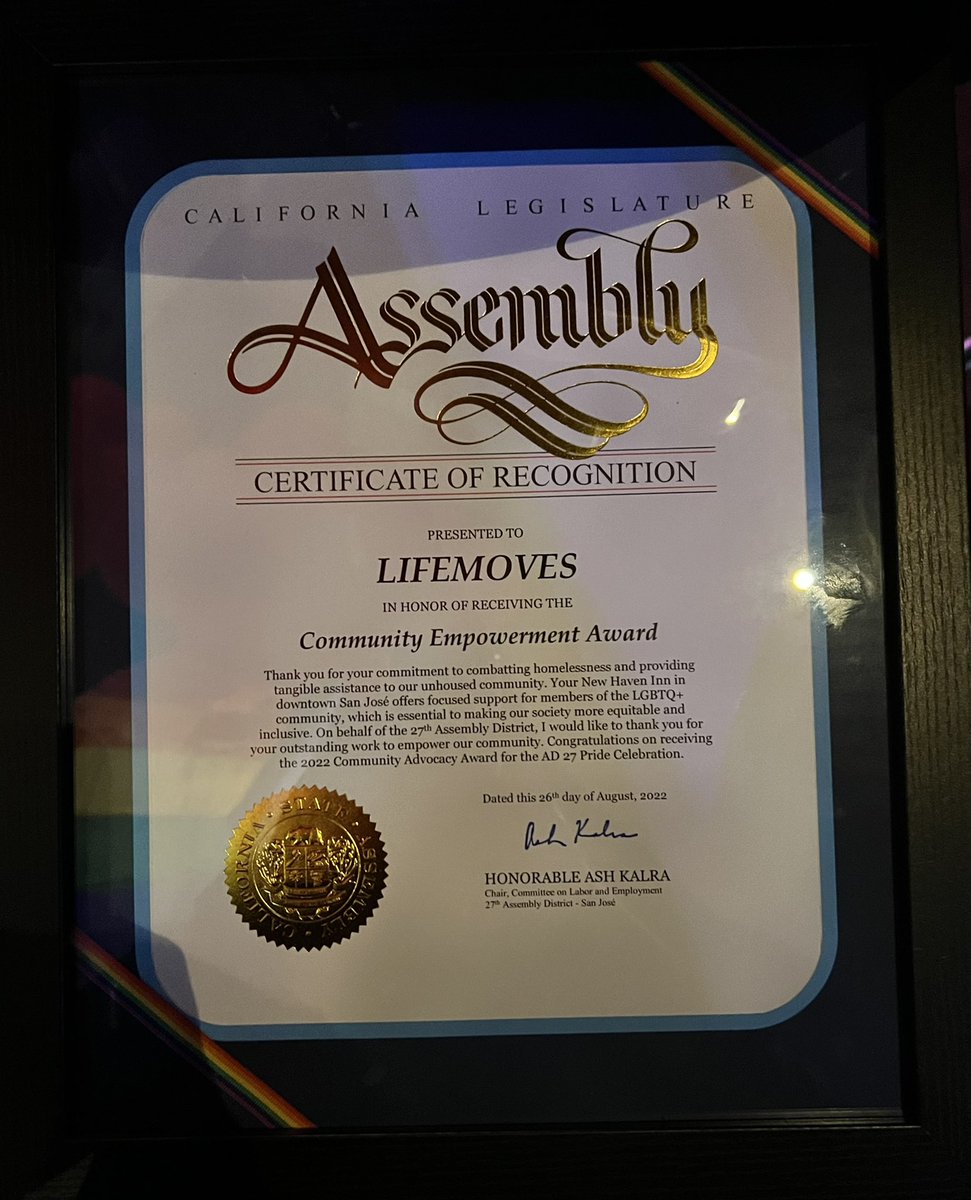 ben_biscocho's tweet photo. Thank you to Asmblymember @Ash_Kalra for awarding @LifeMovesOrg the 2022 Leader in Community Empowerment Award! New Haven Inn was only the 2nd LGBTQ-focused shelter in the nation when we opened in 2018. So happy our team is being recognized for their dedication to the community! https://t.co/Peo9wqwXd6