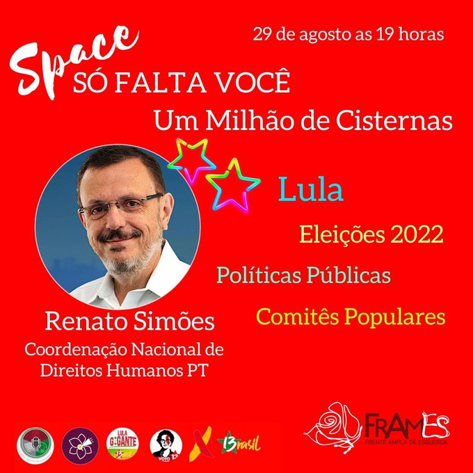 ZehChe's tweet photo. @Space13rasil @FrenteAmpla13 @renatosimoespt @ptbrasil @LulaOficial @ComiteLula @RomuloBDias @adoniscesar @1lxndr @Sandroka131 @fraga_cia @Hendrix_Careta @carlalode @Lelecoutz @Lula_Gigante_I3 @BernardinoSena_
@Watilacassio
@Lulagremista
@Itsabadidea1
@Atiadosofa58
Convite Especial #SOFALTAVOCE: Space @FrenteAmpla13 ao vivo agora:
https://t.co/UArfQpC3Lj https://t.co/n7UhvQVgqt