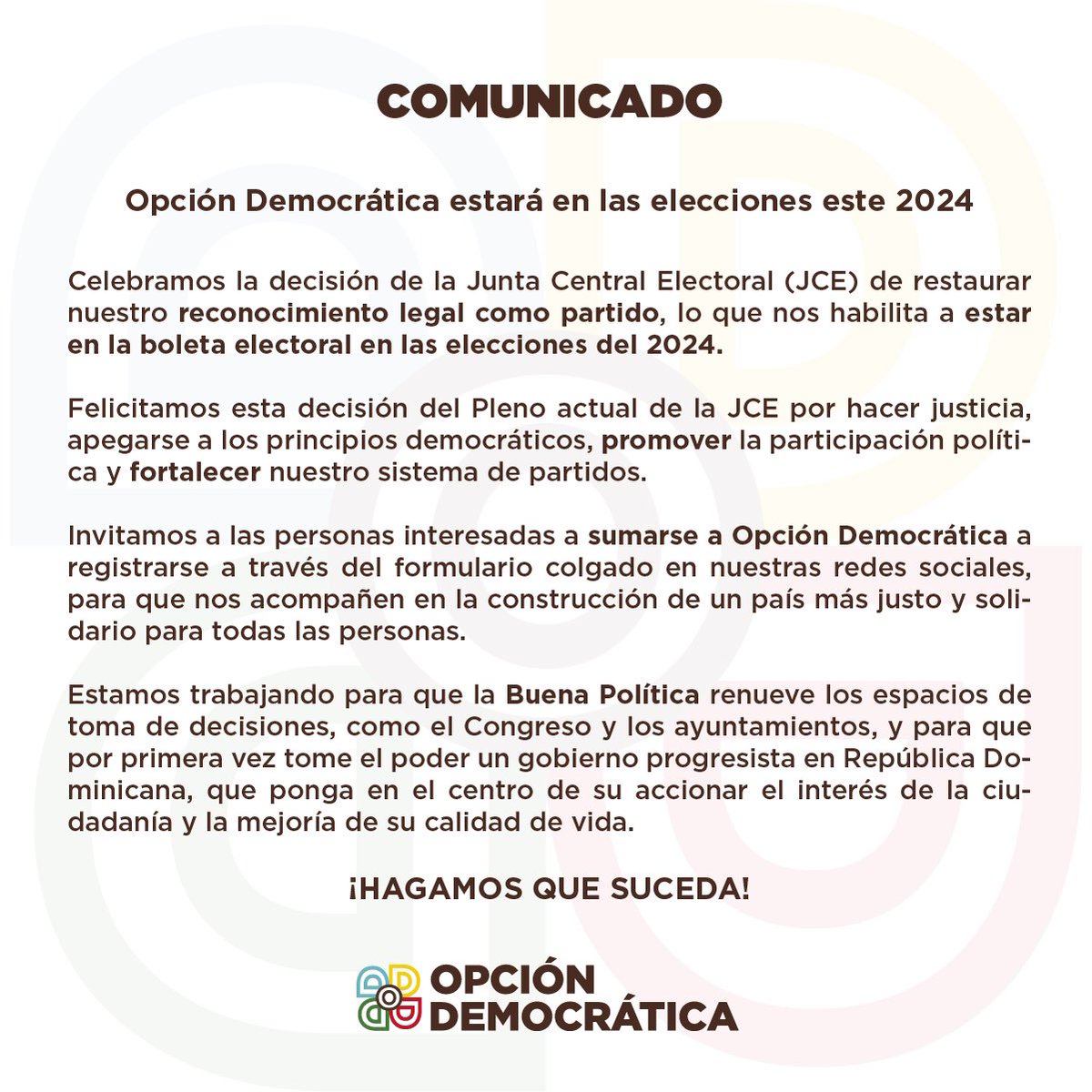 O_Democratica's tweet photo. Noticia de último minuto: 
Oficialmente #OpciónDemocrática estará en la boleta del 2024. 🤎

#OD #BuenaPolítica https://t.co/mT5KWdYeJs