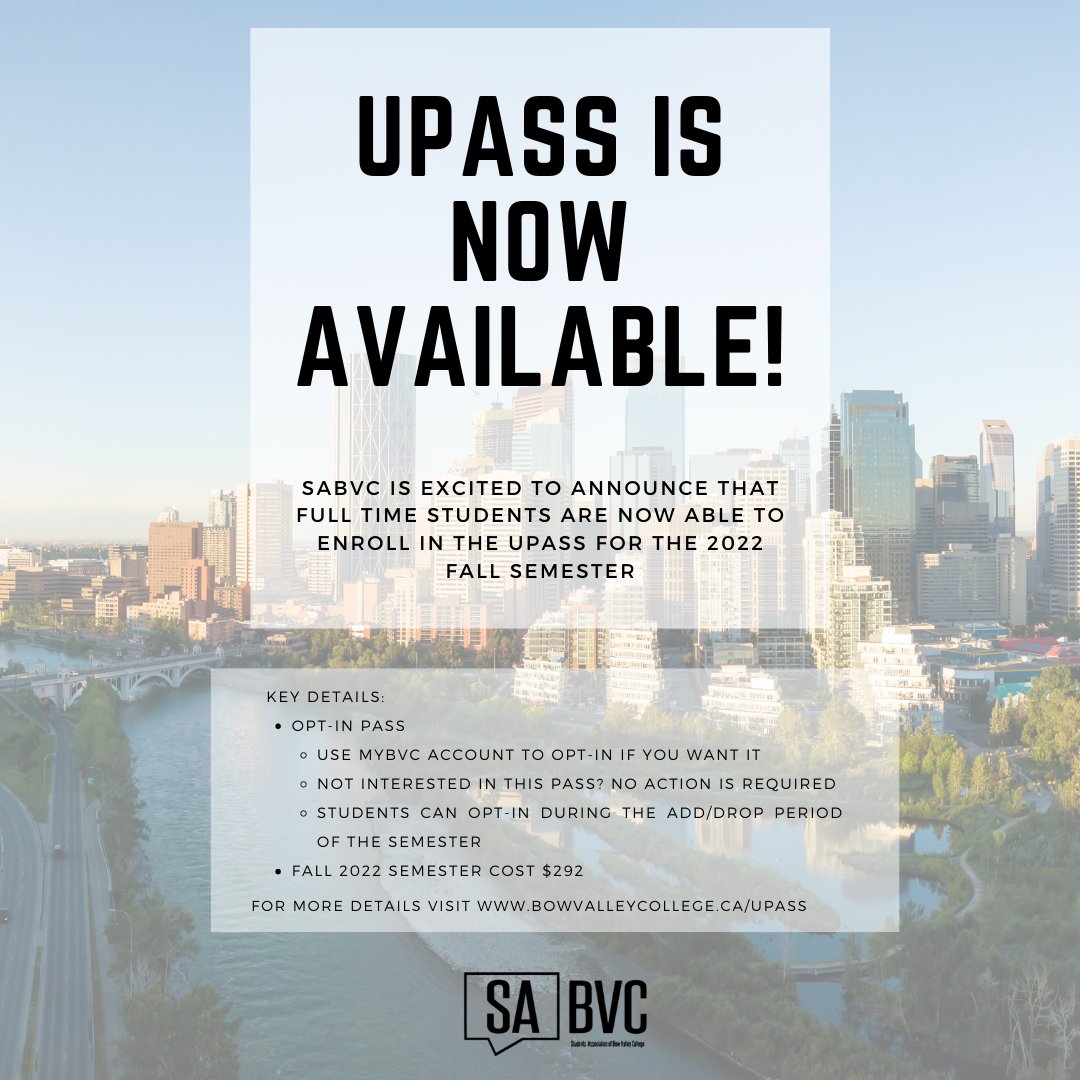 All my fellow BVC students

Full-time learners are now able to sign up for a UPass to have unlimited access to Calgary Transit services. 

Learn more about how to enroll in this program by visiting the link in our bio!

@bowvalley <a href="/BVC_SS/">BVC Student Services</a> #bowvalleycollege #bvcnow #bvcbold #mybvc