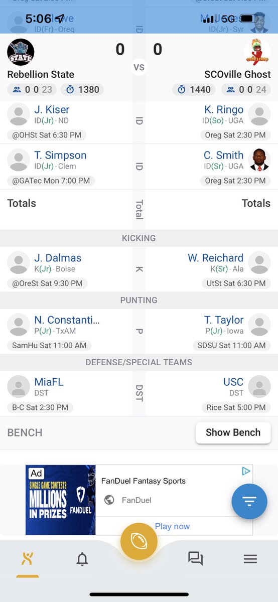 Who y’all got week 1??? I’d say we may be looking at 2 top teams in the UCFFL!! <a href="/rebstate23/">Rebellion State</a> <a href="/TheUCFFL/">Ultimate College Fantasy Football League</a> #ucffl #FantasyFootball remember the def/special teams is the olines.