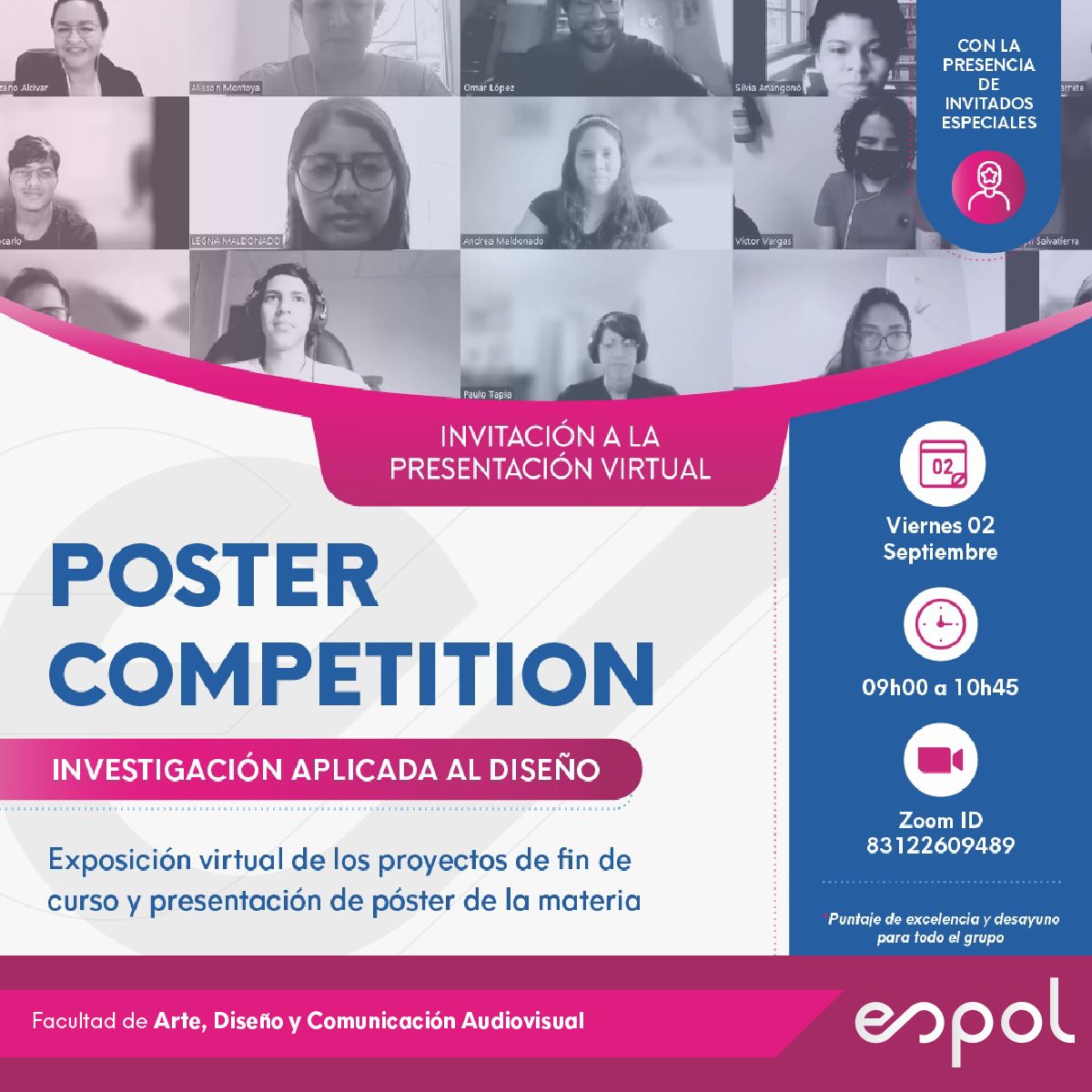 FadcomEspol's tweet photo. Los invitamos al Poster Competition, donde nuestros estudiantes de investigación aplicada al diseño presentarán de forma virtual sus proyectos.
El evento estará abierto al público. ✅💻
Enlace de ingreso del día del evento 👉 https://t.co/g5NjoKIU00 
#SomosESPOL #ADNESPOL #FADCOM https://t.co/CEUniyPKYv