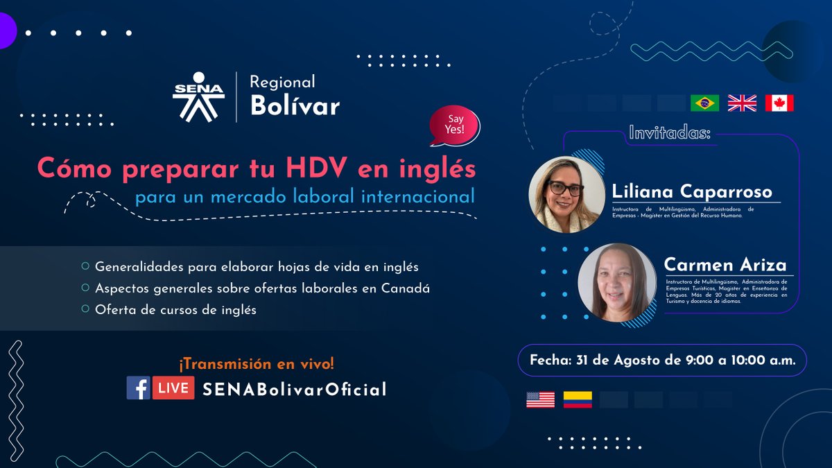 SENAenBolivar's tweet photo. #InglesSENA || Interesados en ofertas laborales internacionales🌐, atentos porque enseñaremos cómo preparar una correcta hoja de vida📑con profesionales del Centro Náutico de @SENAenBolivar. Conéctate📲en👉https://t.co/8zru0sEacB este 31 de agosto🗓de 9:00 a.m. a 10:00 a.m.⏰. https://t.co/jJJoKLPo4B