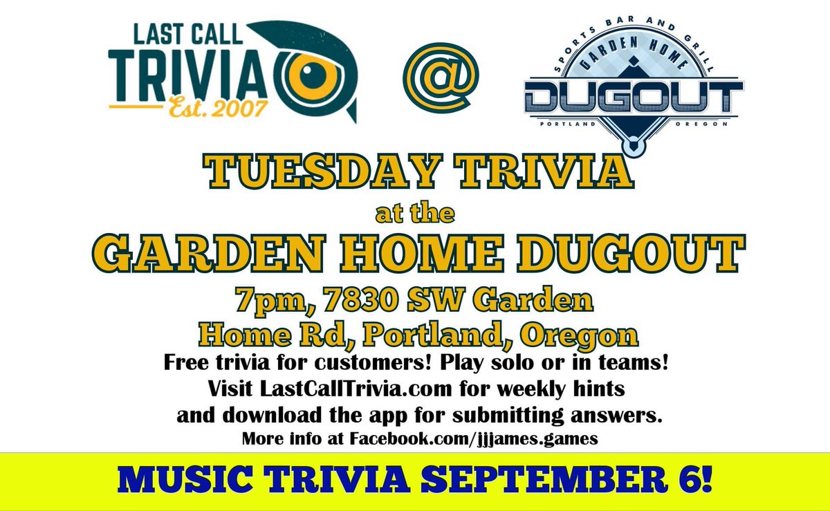 JJJames_games's tweet photo. Tuesday is trivia night at the #GardenHomeDugout in Beaverton! Game time is 7pm, free for customers, with gift-card prizes for the winners. Located on SW Garden Home Road near Oleson Road.
#trivia #Beaverton #Portland #Tigard #Tualatin #PDX #pubquiz #LastCallTrivia #RaleighHills https://t.co/xCk2IimFfg