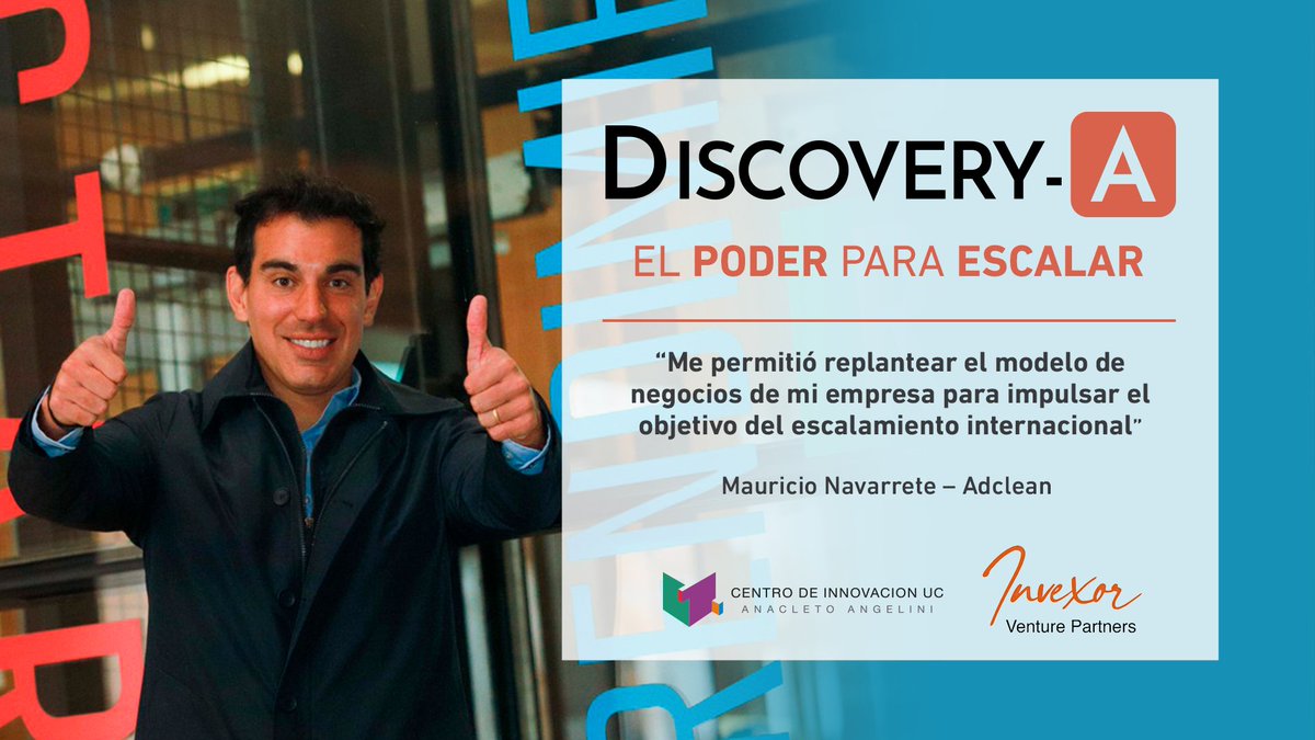 CentroinnovaUC's tweet photo. Atrévete a escalar tu startup como lo hizo Mauricio Navarrete de #AdClean quien al formar parte del #DiscoveryA recibió el impulso para cumplir su objetivo de escalar internacionalmente.
¡Postula ahora! A la convocatoria para la Generación 2 https://t.co/IgKCshs3ac https://t.co/mx7j3ulx42