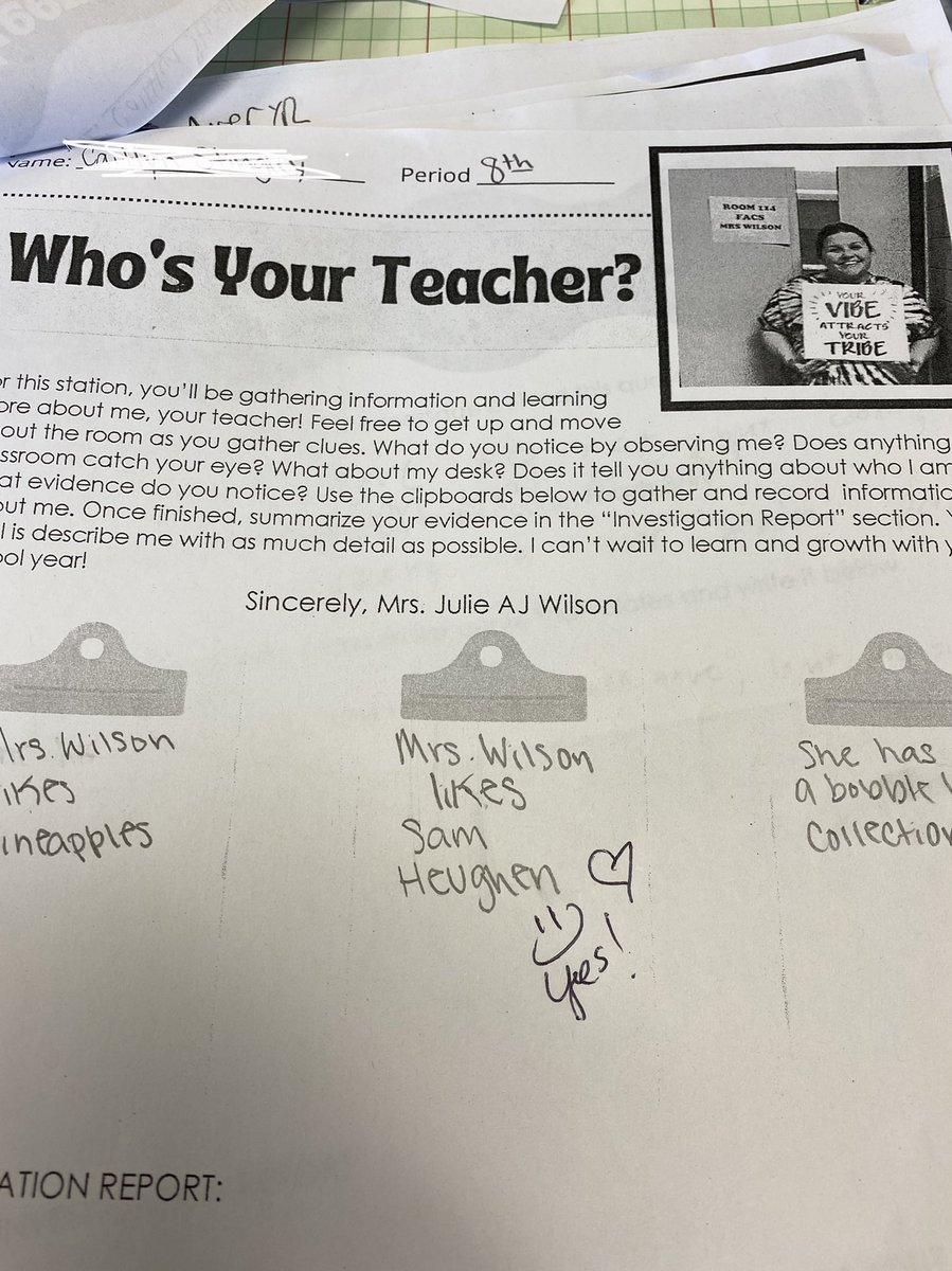 JulieAJWilson1's tweet photo. I teach Foods.I did a TPT for these stations the 1st 2 days of school.1 station was about the Teacher.This is from Foods 3.All but 3 had me last year. “Mrs. Wilson,who is that actor you like,with the pineapple up there?” “Sam H-e-u-g-h-a-n” (I spelled it right) @SamHeughan https://t.co/UEnGXCwTzE