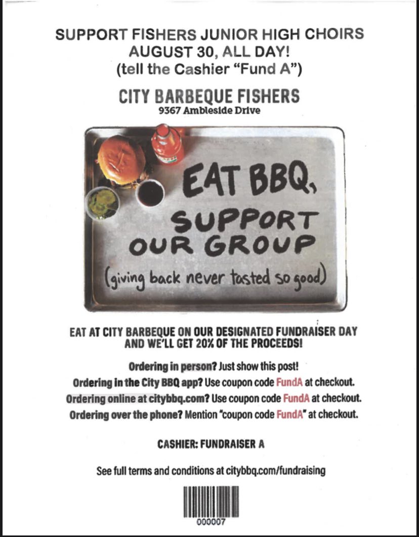 Support FJH choir all day long at City BBQ in Fishers. Supporting choir never tasted so good! Show this flyer or tell the cashier “fund A!”