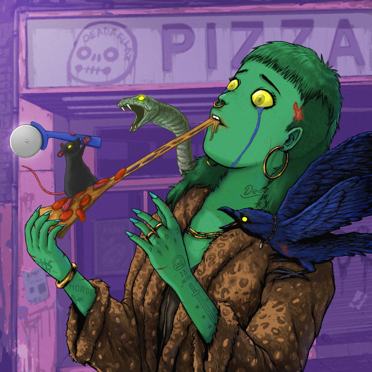 Gm🙌Gm
Zombie💚entry #drawtheundead22 
"<a href="/betty_nft/">BETTY</a> 🍕with her Deadfrenz🐀🐍"

It was fun to join this Thanks!
#NFTCommmunity