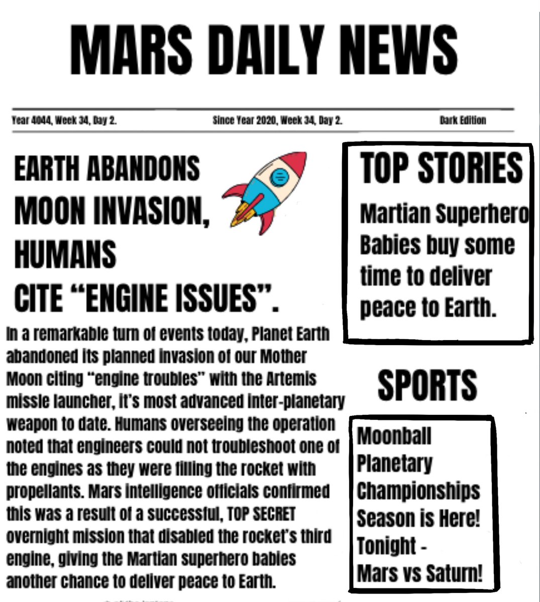 bitcoinbabies3's tweet photo. EARTHLINGS! GOOD NEWS! This was the front page of our planetโs newspaper today! This buys us some time to get over to you so we can bring peace to Earth!! #nft #nfts #NFTCommunity #alienbabies @Shontelle_Layne https://t.co/hwUafB0iBi