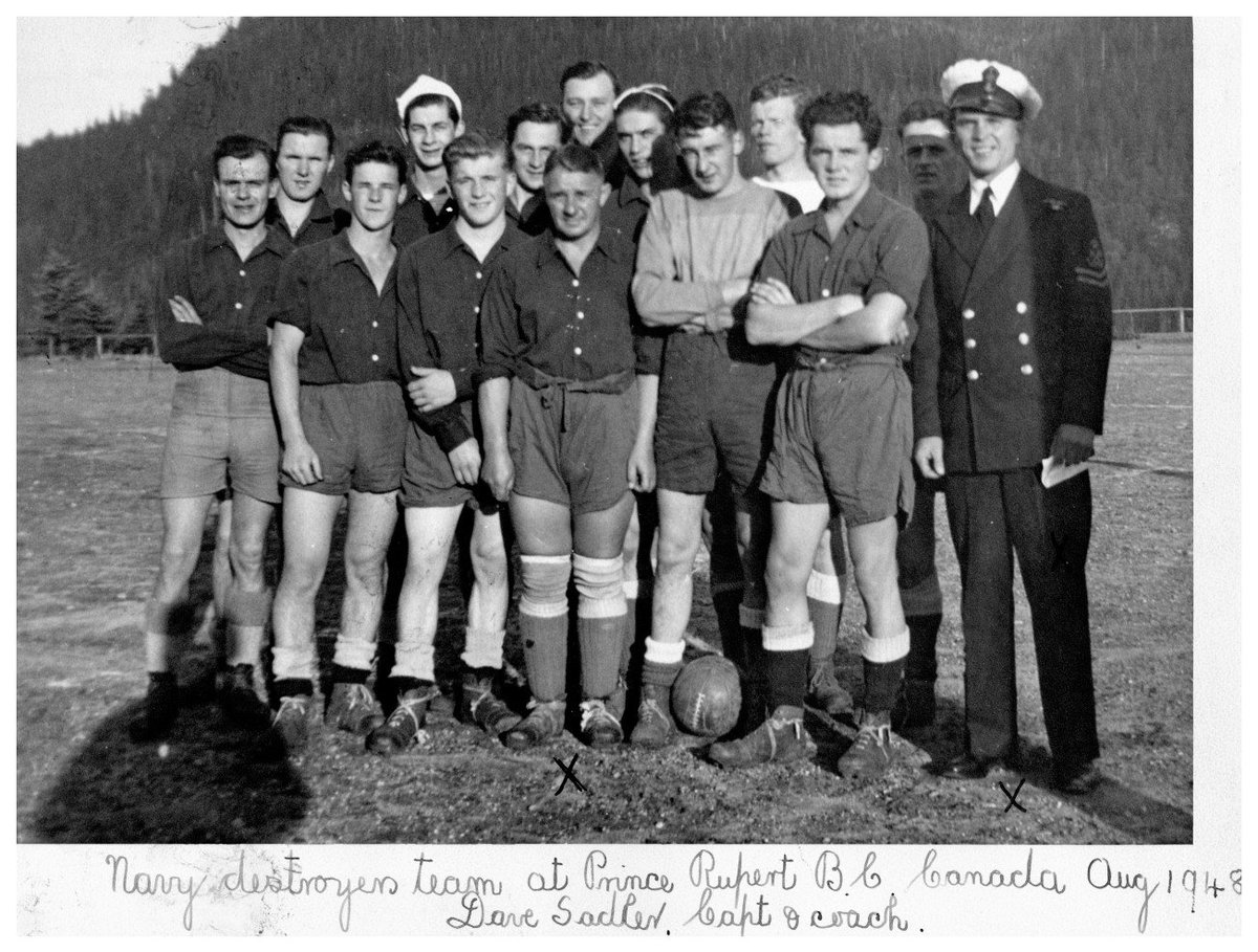 They came, they saw, we don't know if they conquered: The Navy Destroyers soccer team in Prince Rupert, BC, with their Captain and coach Dave Sadler (far right of photo), August, 1948. #RCN #soccer 
Photo 1991.220.013, museum collection.