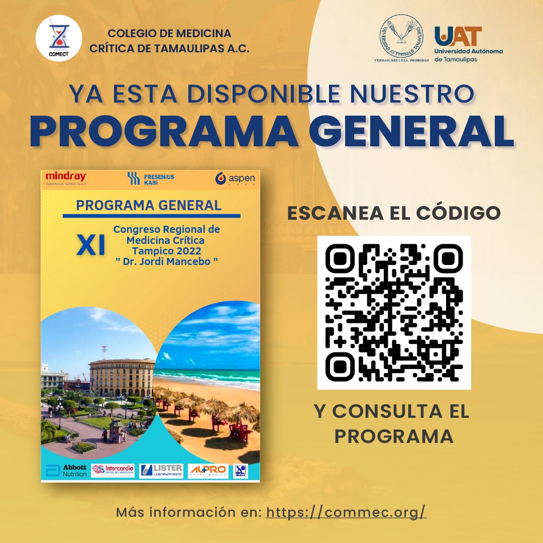 CommecOficial's tweet photo. Conoce el Programa General del XI Congreso Regional de #Medicina #Crítica de #Tamaulipas "Dr. Jordi Mancebo"
📆 14-16 septiembre 2022
📖 Programa: https://t.co/KRv6ejJX8q
➡️ Registro: https://t.co/fv9gbThI7N https://t.co/VZgOSEae4r