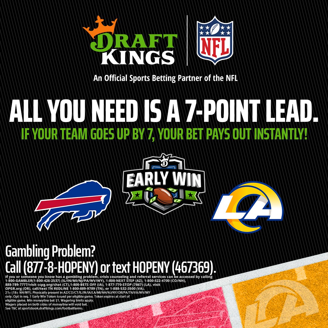 DKSports's tweet photo. Introducing: Early Win for the NFL Season!

On opening night, all you need is a 7 point lead for your moneyline bet to cash 𝙄𝙉𝙎𝙏𝘼𝙉𝙏𝙇𝙔

Opt-in: https://t.co/MAFX4FRz3L https://t.co/kHuRXqc9nf