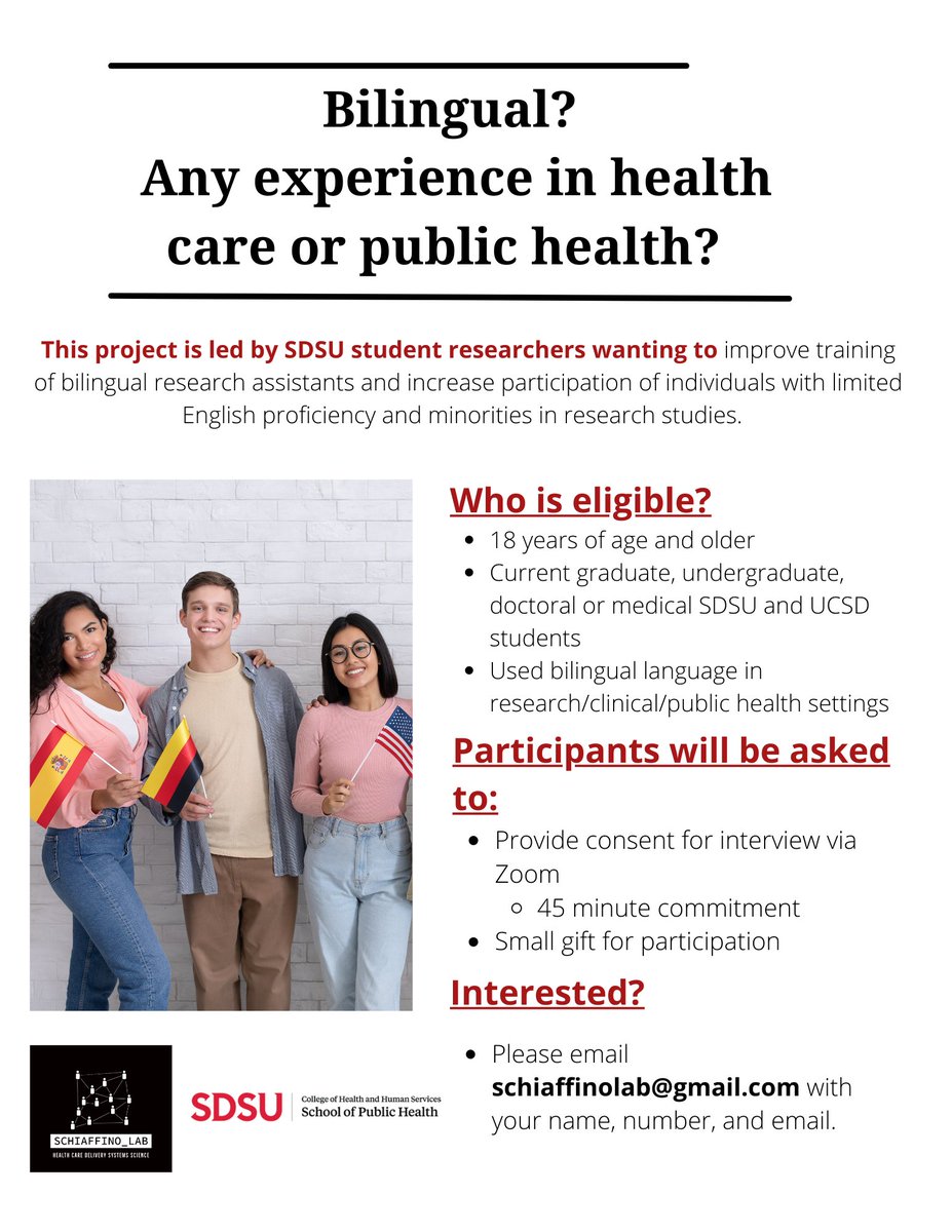 SchiaffinoLab's tweet photo. We are looking for participants for our study! Please see below to see if you are eligible or if anyone you know may be eligible. #Bilingual #PublicHealth #SDSU #UCSD #Research https://t.co/I64VUc4dzP
