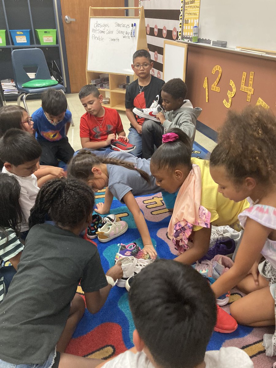 swisd_swe's tweet photo. Today for science in 2nd grade, the kiddos practiced using multiple characteristics to classify matter by using their shoes. They had a lot of fun and ended up making their own groups (colored with no laces, black and white with or without laces, colored with laces)🤩 #RootEdSWE https://t.co/anCJxH1rqD