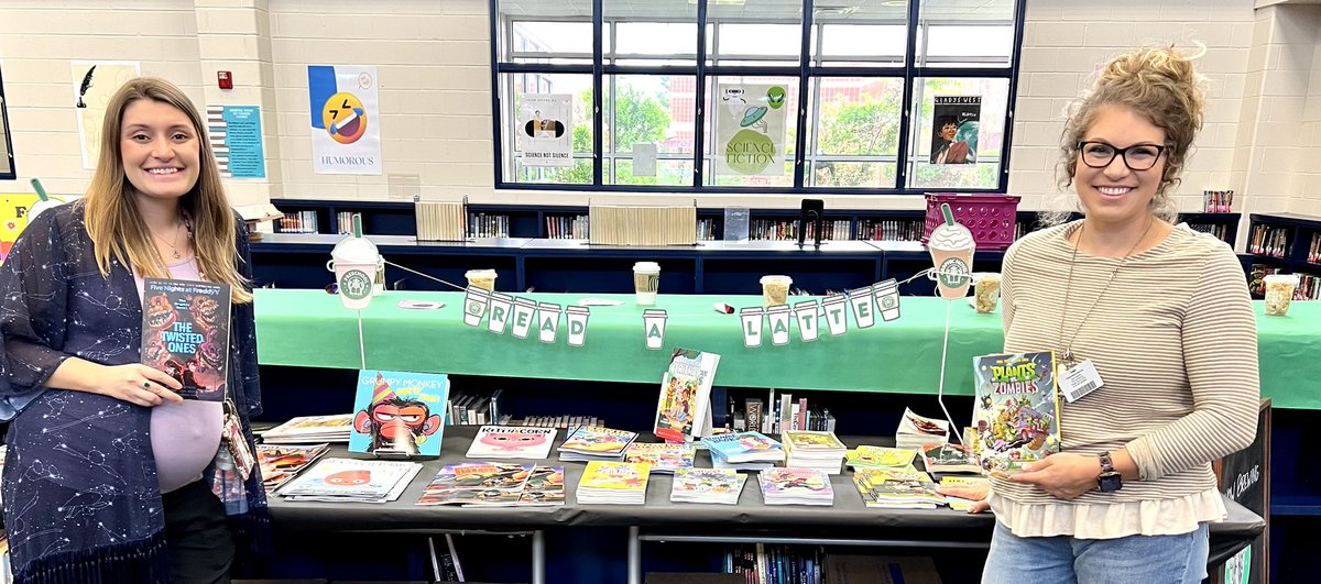 SCIS_CCISD's tweet photo. Come by and checkout the book fair at SCIS with our new librarian, Mrs. Sanchez, and her long term sub, Mrs. Grimes-Ochoa. #readalatte #pickagoodbook โฆ@ClearCreekISDโฉ https://t.co/eDF4KuCgEf