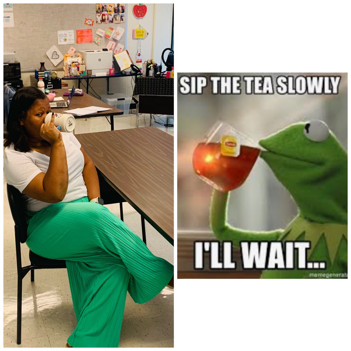 MrsDelaney101's tweet photo. Itβs PBIS Kickoff Spirit Week at @BearCreekMS, and today is #MemeMonday, so Iβm just sipping my tea βοΈ like Kermit. πΈ @BearCreek_PBIS @HortonkEla17 #PAWSForPBIS #PBISKickoff #AllBearCreek https://t.co/qWpVGi7wjo
