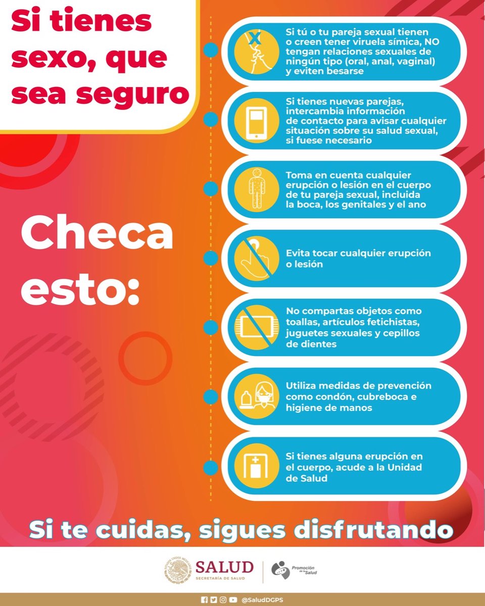 SaludDGPSP's tweet photo. Sigue estas recomendaciones y reduce el riesgo de contagiarte de #ViruelaSímica si tienes relaciones sexuales.
Este virus no tiene relación con ninguna orientación sexual.  Cualquiera puede contraerla por contacto cercano o íntimo.
Si te cuidas, sigues disfrutando.
#MonkeyPox https://t.co/lYskgn8dpi