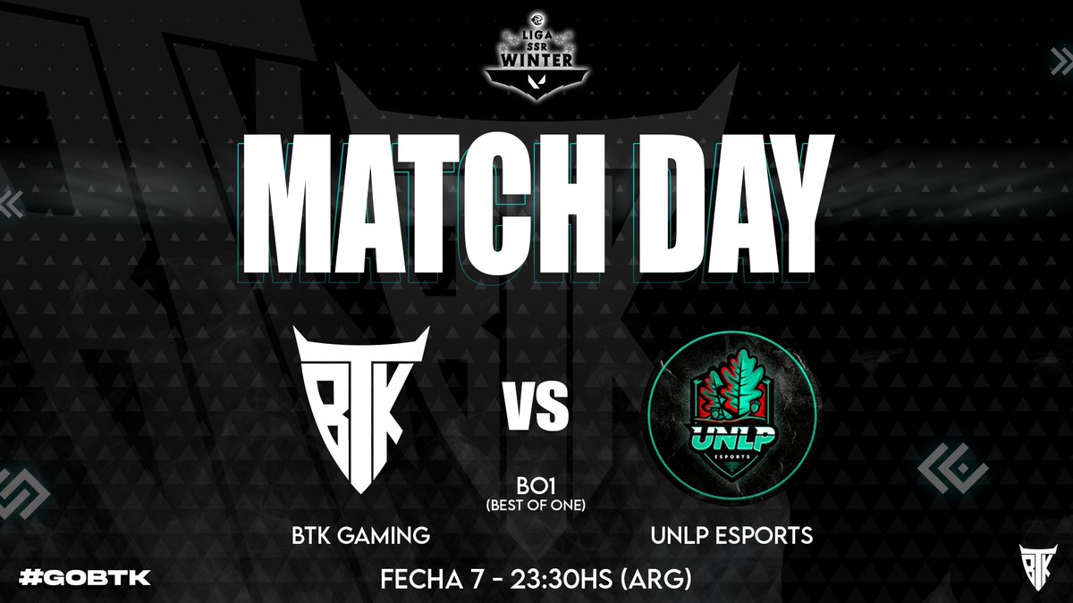 AaronCorp_'s tweet photo. 💢 #ValorantTeam 💢
👉HOY LUNES - 23:30Hs 🇦🇷
🏆 Liga SSR Winter by @melgesports - FECHA 7
BTK 🆚 @EsportsUnlp
¿EN DONDE VER? 📺
Lo transmito por mi canal de Twitch:
https://t.co/X7IPz2VCBA
#GoBTK https://t.co/NS23iDdXRx