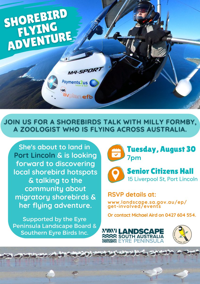 EPLandscapeSA's tweet photo. It's not too late to RSVP to come along to this #shorebird talk tonight in Port Lincoln at 7pm to find out more about @wing_threads flying adventure around Australia.
RSVP details π² https://t.co/RoQJqml0XN.
#WingThreads #FlightAroundOz #womeninaviation #microlight #flying https://t.co/K9UpwqvGf3