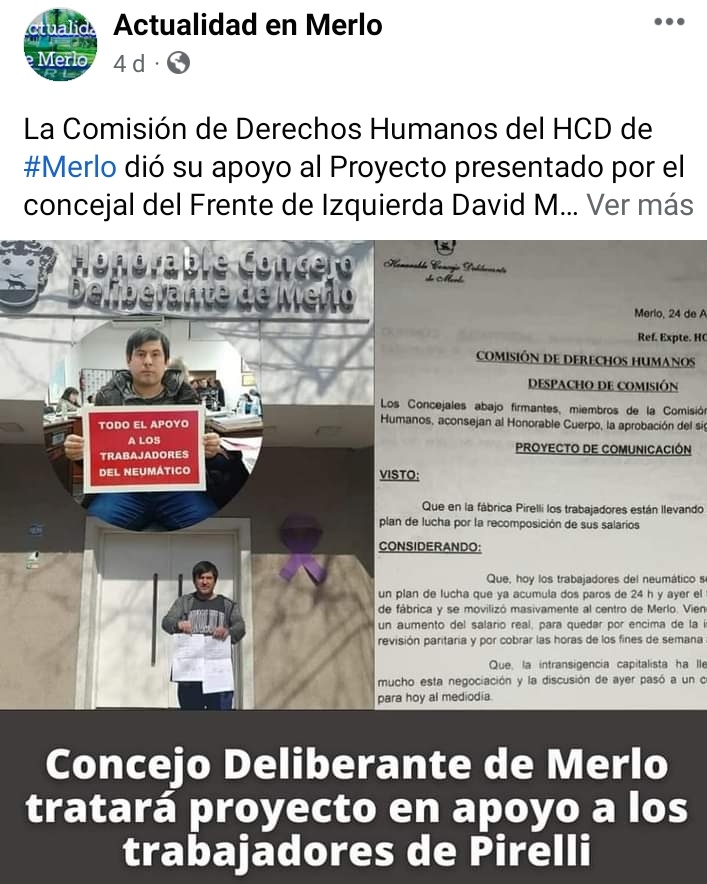 DavidEzMaidana's tweet photo. La Comisión de DD.HH. del Concejo Deliberante de #Merlo dió su apoyo al Proyecto presentado por lxs Concejalxs del FITU David Maidana y Flavia Tesone en solidaridad a la lucha de los trabajadores de Pirelli por aumentos salariales y las horas de los fines de semana al 200%.🔥 https://t.co/UhhttjYu3j