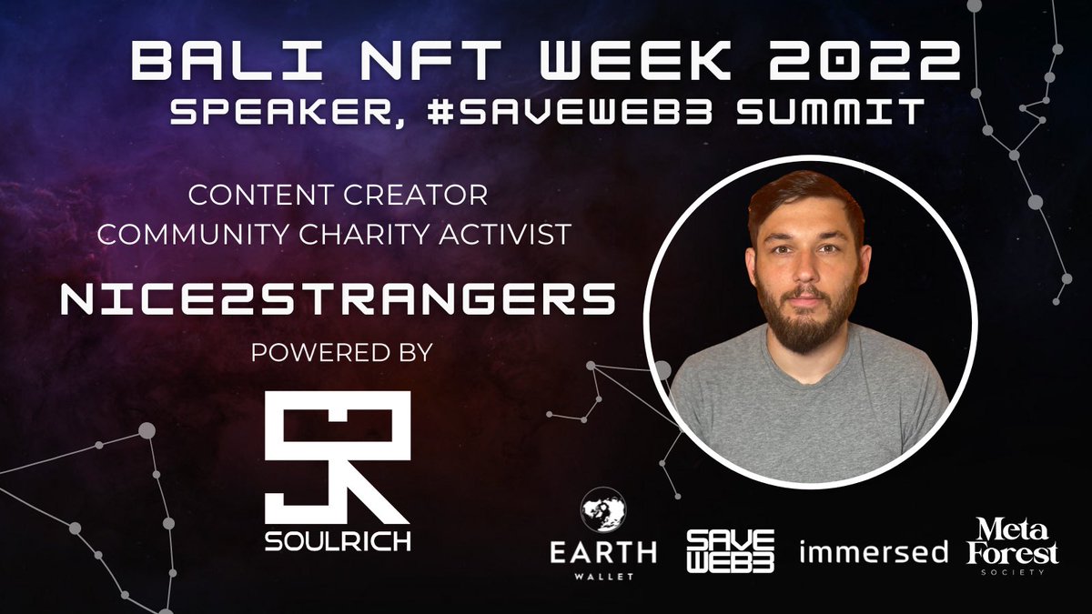 SOULRICH® (@soulrichteam) on Twitter photo ⭐️ SOULRICH ambassador <a href="/nice2strangers/">Nice2strangers.eth🍯</a> 🎥 is coming to Bali, and will be attending the <a href="/SaveWeb3/">SAVEweb3</a> Summit 🚀
Attend <a href="/BALINFTWEEK/">BALI NFT WEEK</a> IRL or via livestream to hear him speak on the panel - “Influencer” Culture and Web3: Redefining Fame, Impact, & Value. ⭐️ SOULRICH ambassador <a href="/nice2strangers/">Nice2strangers.eth🍯</a> 🎥 is coming to Bali, and will be attending the <a href="/SaveWeb3/">SAVEweb3</a> Summit 🚀
Attend <a href="/BALINFTWEEK/">BALI NFT WEEK</a> IRL or via livestream to hear him speak on the panel - “Influencer” Culture and Web3: Redefining Fame, Impact, & Value.