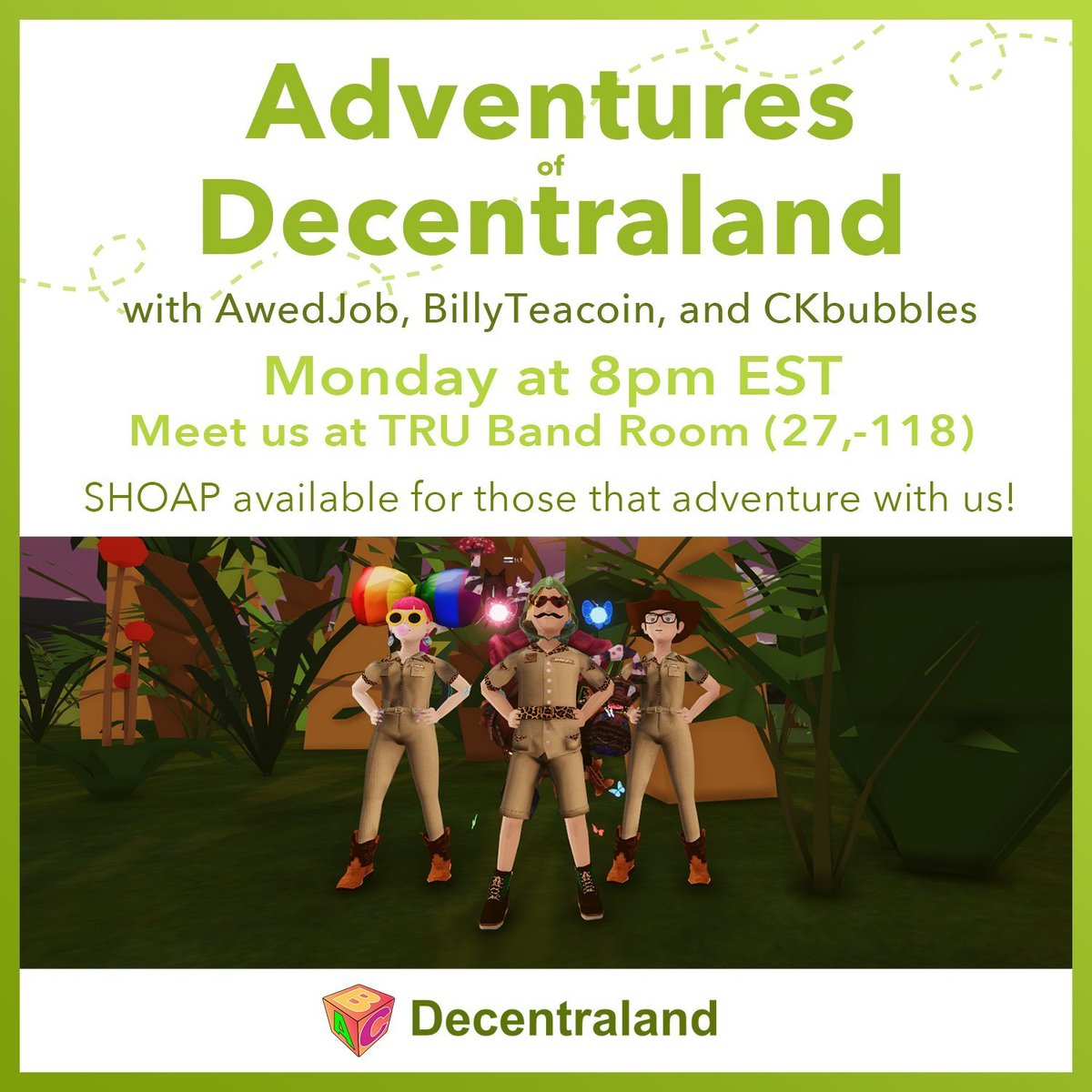 ABCDecentraland's tweet photo. We are adventuring in #Decentraland again tonight 8pm EST!
Join us + SPECIAL GUESTS exploring places in #DCL 

Meet at @Uniquehorns_nft TRU Band Room 27,-118
https://t.co/Hz8LCw1jUT

Watch the Twitch stream:
https://t.co/Tkr6t2n9GR

1/🧵 https://t.co/r6ZRh5zWAv