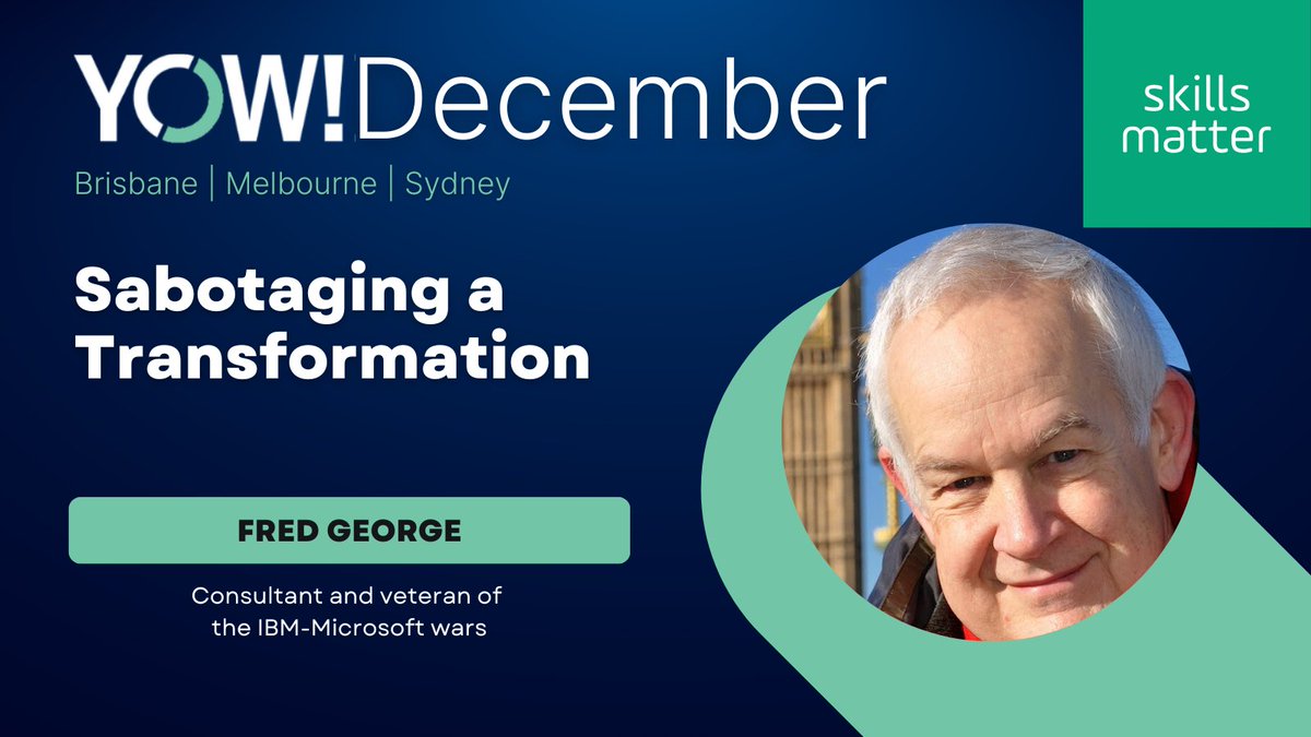skillsmatter's tweet photo. Transformation efforts must overcome a myriad of challenges to achieve success.

@fgeorge52 joins #YOW22 in Dec to discuss inhibitors, mitigation actions, best practices &amp; the newest proposal of only selling complete solutions to clients.

Get tickets at https://t.co/z0AY0tnN1m https://t.co/h6SWpKS7Ja