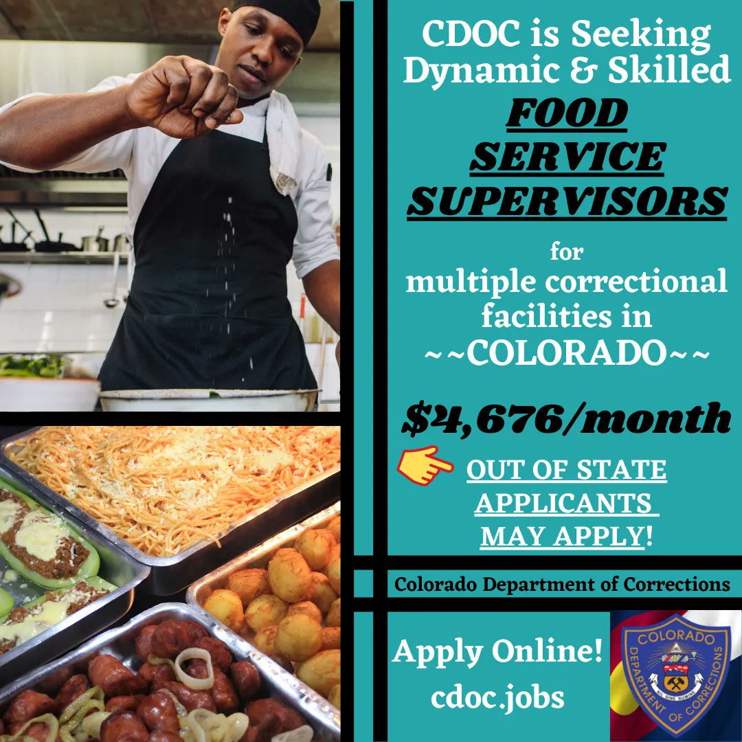 ColoradoDOCJobs's tweet photo. Now hiring CDOC Statewide Food Service Supervisors $4,676/mo. Includes medical/dental, retirement, paid leave, and tuition reimbursement. Apply at https://t.co/pJb7eQQylR. #foodservice #chef #kitchenstaff #catering #cook #prepchef #souschef https://t.co/hY7vdj9gbo