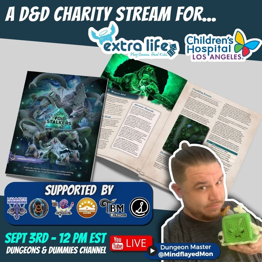 DungeonsDummiez's tweet photo. ITS ALMOST HERE!

Come join us this Saturday at 9am PST / 12pm EST for a charity one shot to benefit a ExtraLife and help change children's lives. We have some INCREDIBLE partners offering a ton of rewards for donations as well as opportunities for YOU to influence the game! https://t.co/ToTZaem1c8