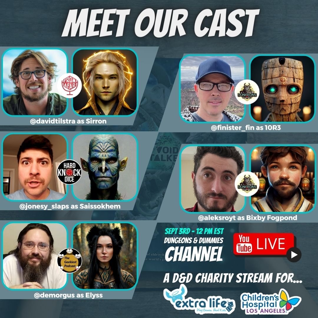 DungeonsDummiez's tweet photo. ITS ALMOST HERE!

Come join us this Saturday at 9am PST / 12pm EST for a charity one shot to benefit a ExtraLife and help change children's lives. We have some INCREDIBLE partners offering a ton of rewards for donations as well as opportunities for YOU to influence the game! https://t.co/ToTZaem1c8