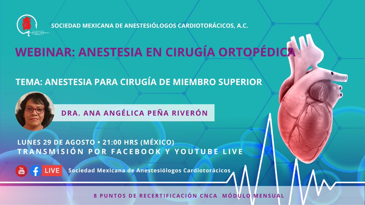 SMACT_'s tweet photo. Recuerda el Webinar de hoy, con un tema de gran interés. La Dra. Angelica Peña con el tema "Anestesia para cirugia de miembro superior". Registrate en https://t.co/X9dFnQTSKw para obtener puntos de recertificación, no te lo pierdas!! #WebinarsSmact #Anestesiaencirugíaortopédica https://t.co/oBglacwbta