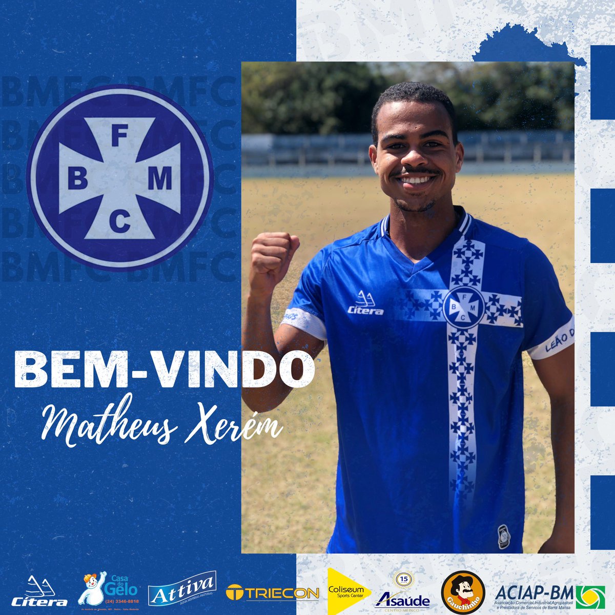 BMFCOficial's tweet photo. Matheus Xerém é reforço do Barra Mansa para a Série B2 e é opção na lateral esquerda. Bem-vindo Xerém! 🦁💙🤍 https://t.co/pjD2AF3dgz
