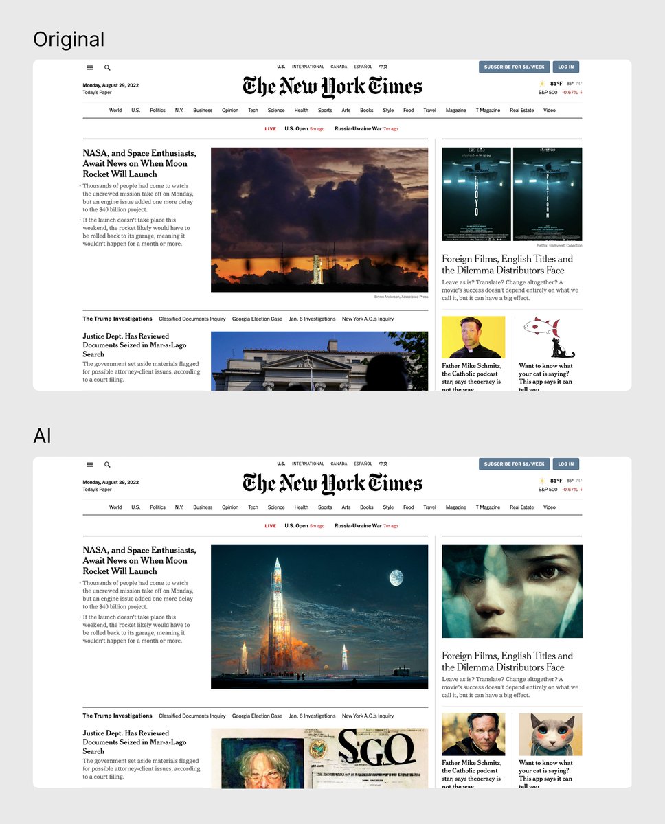 michhessel's tweet photo. @nytimes homepage on Aug 29, 2022. With original image assets vs ones created by AI. https://t.co/m9PCl5R3Tf